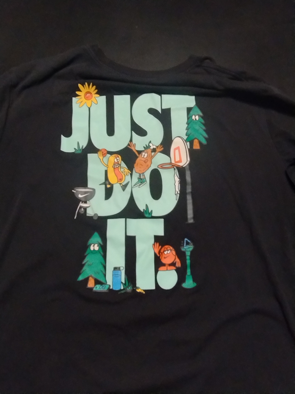 Nike Men's Sz XLBlack Tee with Mint 'Just Do It' Graphic and Colorful Characters